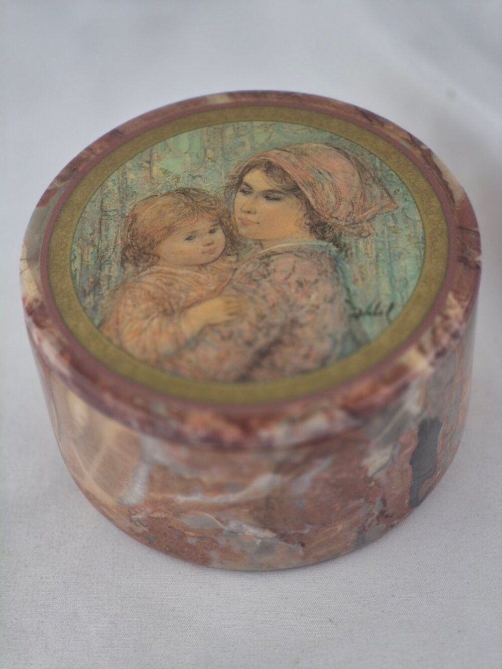 Vintage Edna Hibel Marble Round Trinket Box with Lid  Mother & Child Portrait